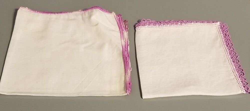 Vintage White Handkerchiefs Purple Crochet Lace Trim Set of 2